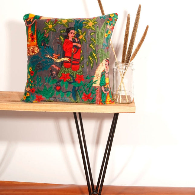 Linen Connections Frida Kahlo Velvet Cushion Cover Frida's Garden Cushion Handmade Mexico Muertes Decorative Cushion 100% cotton velvet