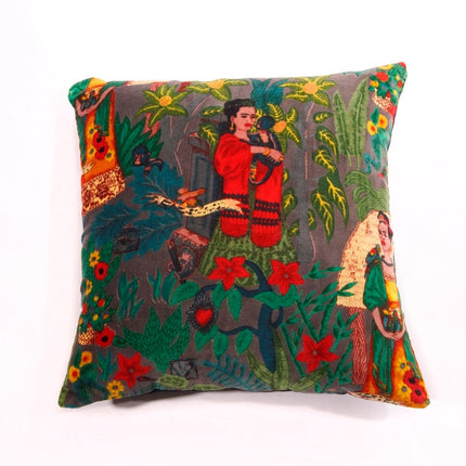 Linen Connections Frida Kahlo Velvet Cushion Cover Frida's Garden Cushion Handmade Mexico Muertes Decorative Cushion 100% cotton velvet