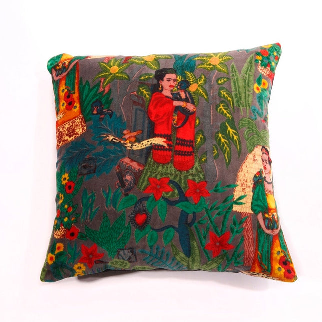 Linen Connections Frida Kahlo Velvet Cushion Cover Frida's Garden Cushion Handmade Mexico Muertes Decorative Cushion 100% cotton velvet