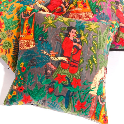 Linen Connections Frida Kahlo Velvet Cushion Cover Frida's Garden Cushion Handmade Mexico Muertes Decorative Cushion 100% cotton velvet