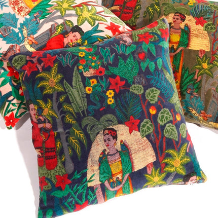Linen Connections Frida Kahlo Velvet Cushion Cover Frida's Garden Cushion Handmade Mexico Muertes Decorative Cushion 100% cotton velvet