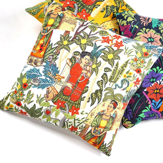 Mexican Painter Pillow Case, Frida Floral Decorative Cushion, Mexican Painter Art Garden Country Mexico Muertes Cushion Cover
