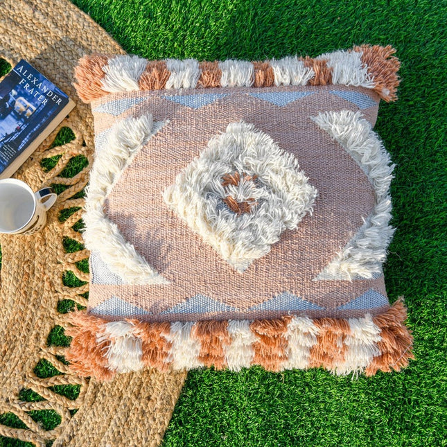 Tassels Linen Cushion Cover 50*50cm Beige Pillow Cover Handmade Boho rustic decor cream Moroccan Cushions Hand Tufted Cushion Lumbar Pillow