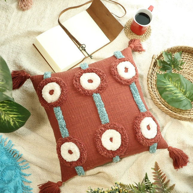 Tassels Linen Cushion Cover 50*50cm Beige Pillow Cover Handmade Boho rustic decor cream Moroccan Cushions Hand Tufted Cushion Lumbar Pillow