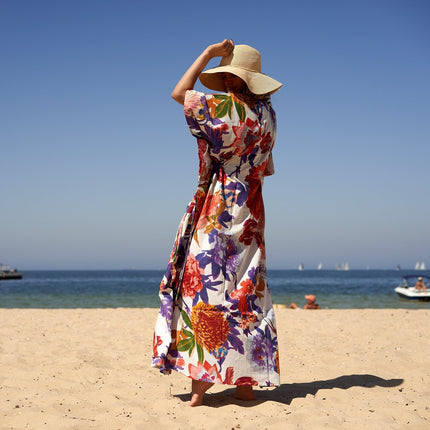 Cotton Kaftan, Caftan, Maxi Dress, Kimono, Cotton Dress, Caridgan, Mother's Day, Gift Maternity Gown - White Floral Anthro