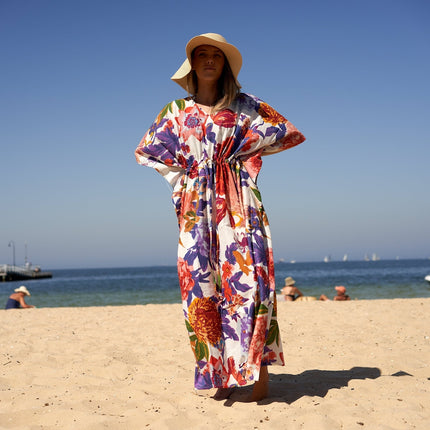 Cotton Kaftan, Caftan, Maxi Dress, Kimono, Cotton Dress, Caridgan, Mother's Day, Gift Maternity Gown - White Floral Anthro