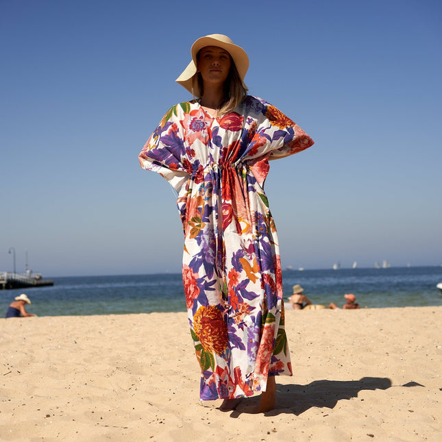 Cotton Kaftan, Caftan, Maxi Dress, Kimono, Cotton Dress, Caridgan, Mother's Day, Gift Maternity Gown - White Floral Anthro