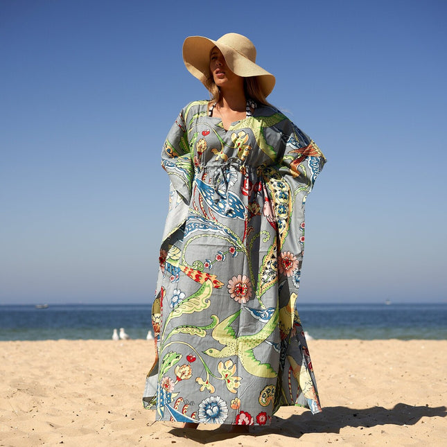 Cotton Kaftan, Caftan, Maxi Dress, Kimono, Cotton Dress, Caridgan, Mother's Day, Gift Maternity Gown - White Floral Anthro