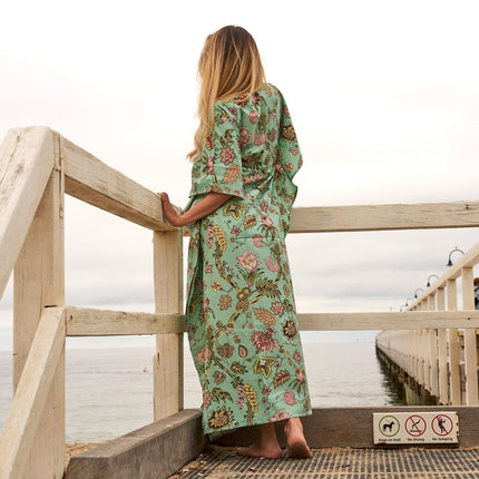 Linen Connections Cotton Kaftan Kimono Cotton Dress Caridgan Maxi Dress Mother's Day Gift Maternity Gown Floral Print Gift for her | Green
