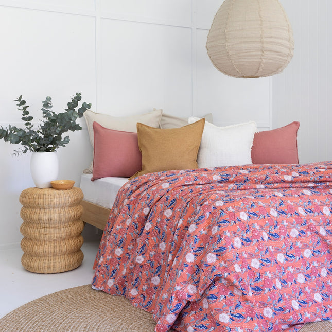 Kantha Quilt Indian Quilt Block Print Quilt Bedspread Bohemian Boho Cotton Throw Quilt Handmade Blanket Doona King Size