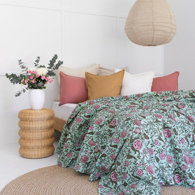 Kantha Quilt Indian Quilt Block Print Quilt Bedspread Bohemian Boho Cotton Throw Quilt Handmade Blanket Doona King Size