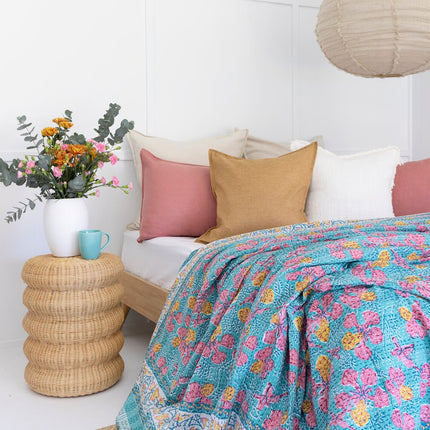 Kantha Quilt Indian Quilt Block Print Quilt Bedspread Bohemian Boho Cotton Throw Quilt Handmade Blanket Doona King Size