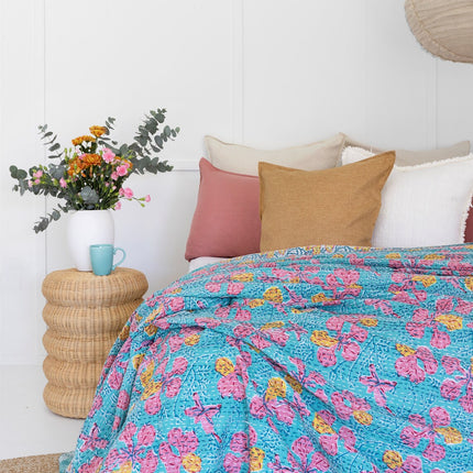 Kantha Quilt Indian Quilt Block Print Quilt Bedspread Bohemian Boho Cotton Throw Quilt Handmade Blanket Doona King Size