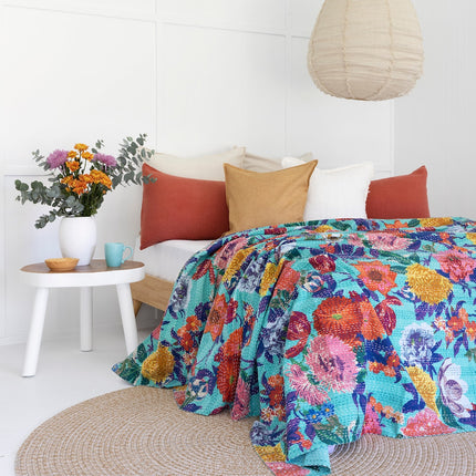 Kantha Quilt Indian Quilt Block Print Quilt Bedspread Bohemian Boho Cotton Throw Quilt Handmade Blanket Doona King Size
