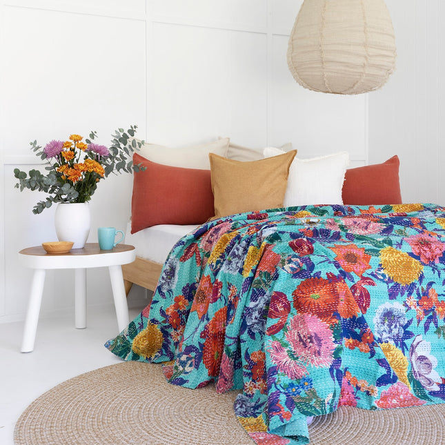 Kantha Quilt Indian Quilt Block Print Quilt Bedspread Bohemian Boho Cotton Throw Quilt Handmade Blanket Doona King Size