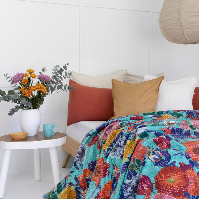 Kantha Quilt Indian Quilt Block Print Quilt Bedspread Bohemian Boho Cotton Throw Quilt Handmade Blanket Doona King Size