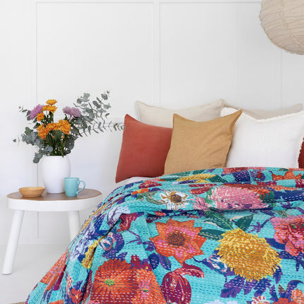 Kantha Quilt Indian Quilt Block Print Quilt Bedspread Bohemian Boho Cotton Throw Quilt Handmade Blanket Doona King Size