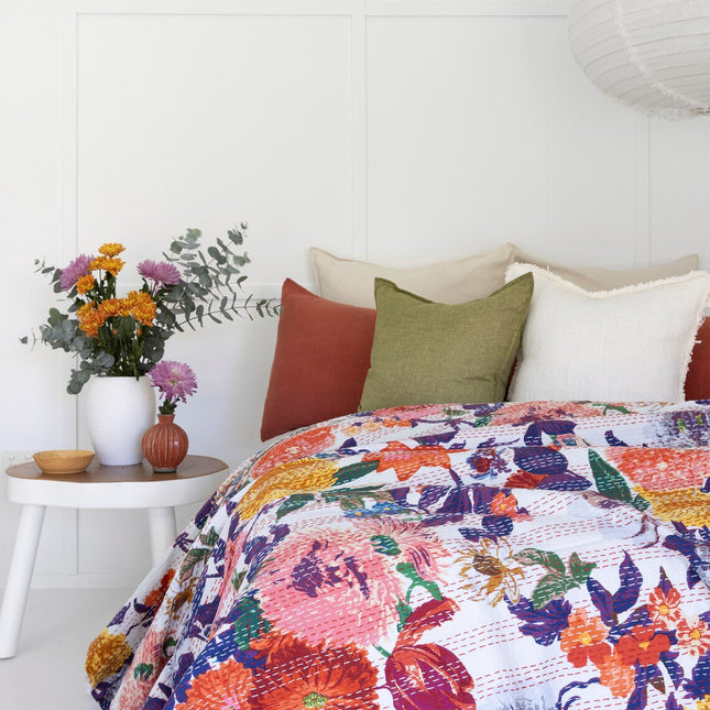 Kantha Quilt Indian Quilt Block Print Quilt Bedspread Bohemian Boho Cotton Throw Quilt Handmade Blanket Doona King Size