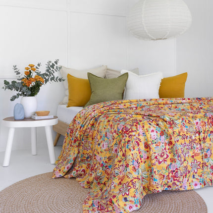 Kantha Quilt Indian Quilt Block Print Quilt Bedspread Bohemian Boho Cotton Throw Quilt Handmade Blanket Doona King Size