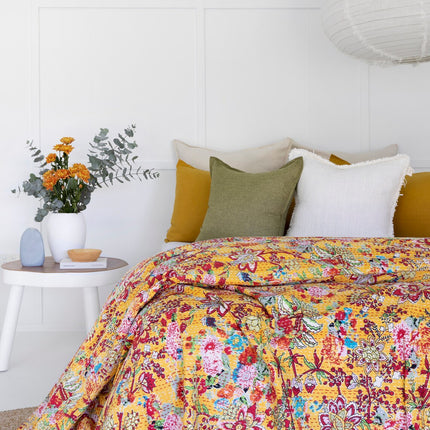 Kantha Quilt Indian Quilt Block Print Quilt Bedspread Bohemian Boho Cotton Throw Quilt Handmade Blanket Doona King Size
