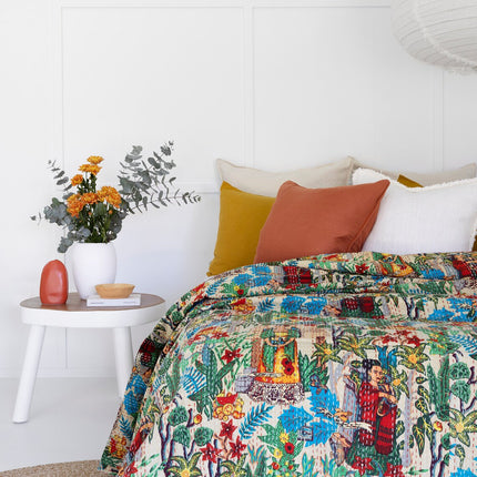 Kantha Quilt Indian Quilt Block Print Quilt Bedspread Bohemian Boho Cotton Throw Quilt Handmade Blanket Doona King Size