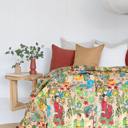 Kantha Quilt Indian Quilt Block Print Quilt Bedspread Bohemian Boho Cotton Throw Quilt Handmade Blanket Doona King Size