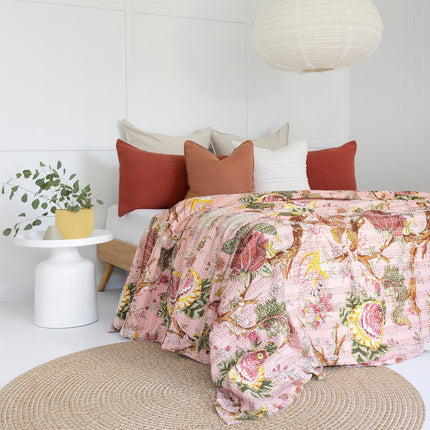 Kantha Quilt Indian Quilt Block Print Quilt Bedspread Bohemian Boho Cotton Throw Quilt Handmade Blanket Doona King Size