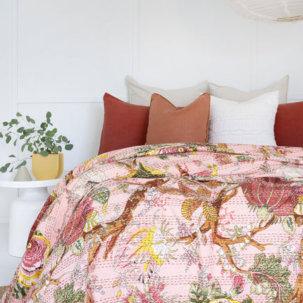 Kantha Quilt Indian Quilt Block Print Quilt Bedspread Bohemian Boho Cotton Throw Quilt Handmade Blanket Doona King Size