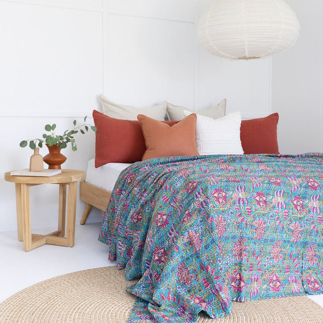 Kantha Quilt Indian Quilt Block Print Quilt Bedspread Bohemian Boho Cotton Throw Quilt Handmade Blanket Doona King Size