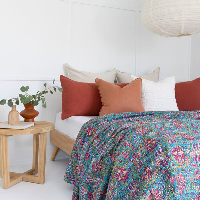 Kantha Quilt Indian Quilt Block Print Quilt Bedspread Bohemian Boho Cotton Throw Quilt Handmade Blanket Doona King Size