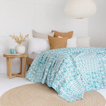 Kantha Quilt Indian Quilt Block Print Quilt Bedspread Bohemian Boho Cotton Throw Quilt Handmade Blanket Doona King Size