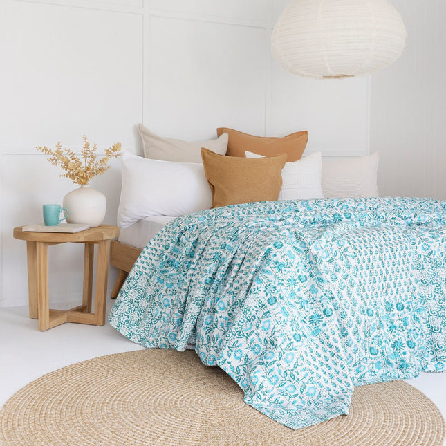 Kantha Quilt Indian Quilt Block Print Quilt Bedspread Bohemian Boho Cotton Throw Quilt Handmade Blanket Doona King Size