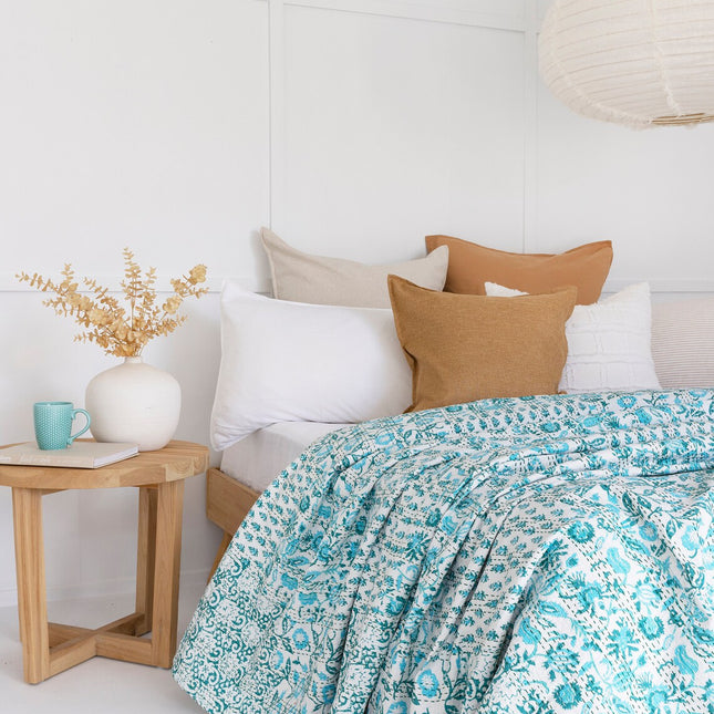 Kantha Quilt Indian Quilt Block Print Quilt Bedspread Bohemian Boho Cotton Throw Quilt Handmade Blanket Doona King Size