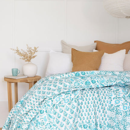 Kantha Quilt Indian Quilt Block Print Quilt Bedspread Bohemian Boho Cotton Throw Quilt Handmade Blanket Doona King Size