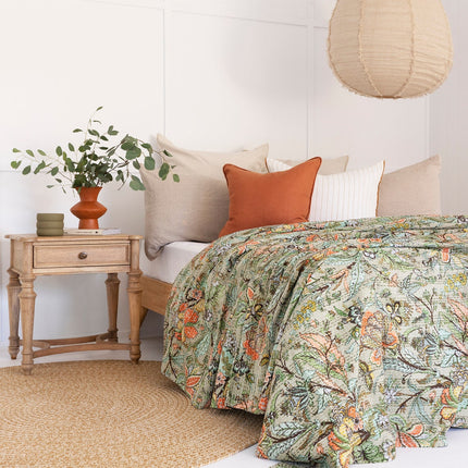 Kantha Quilt Indian Quilt Block Print Quilt Bedspread Bohemian Boho Cotton Throw Quilt Handmade Blanket Doona King Size