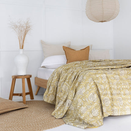 Kantha Quilt Indian Quilt Block Print Quilt Bedspread Bohemian Boho Cotton Throw Quilt Handmade Blanket Doona King Size