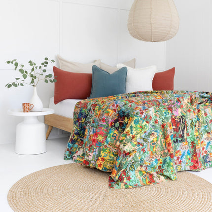 Kantha Quilt Indian Quilt Block Print Quilt Bedspread Bohemian Boho Cotton Throw Quilt Handmade Blanket Doona King Size