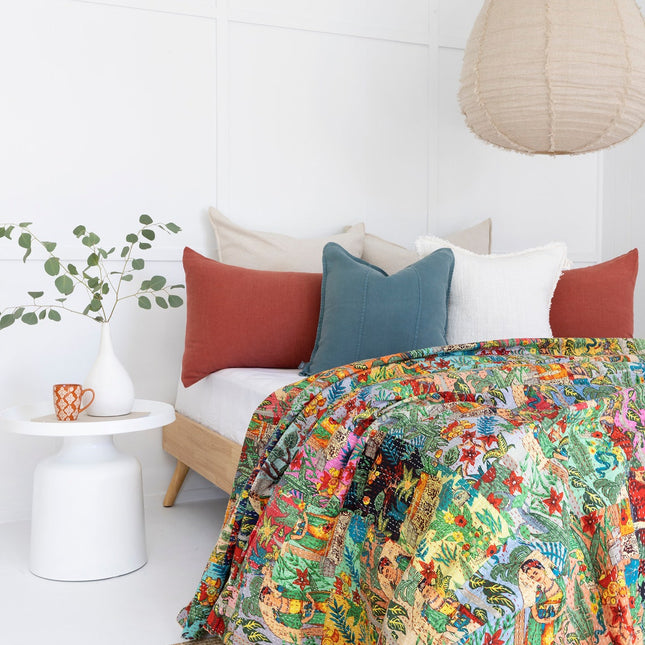 Kantha Quilt Indian Quilt Block Print Quilt Bedspread Bohemian Boho Cotton Throw Quilt Handmade Blanket Doona King Size