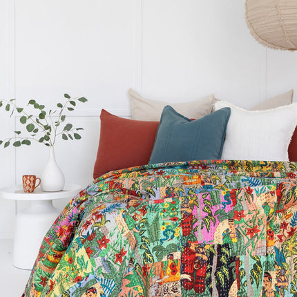 Kantha Quilt Indian Quilt Block Print Quilt Bedspread Bohemian Boho Cotton Throw Quilt Handmade Blanket Doona King Size