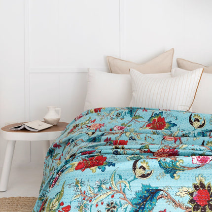Kantha Quilt Indian Quilt Block Print Quilt Bedspread Bohemian Boho Cotton Throw Quilt Handmade Blanket Doona King Size
