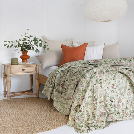 Kantha Quilt Indian Quilt Block Print Quilt Bedspread Bohemian Boho Cotton Throw Quilt Handmade Blanket Doona King Size