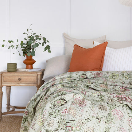 Kantha Quilt Indian Quilt Block Print Quilt Bedspread Bohemian Boho Cotton Throw Quilt Handmade Blanket Doona King Size