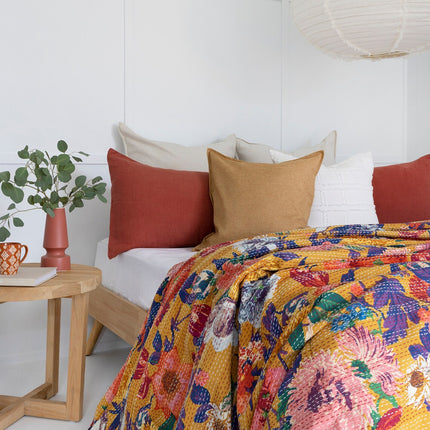 Kantha Quilt Indian Quilt Block Print Quilt Bedspread Bohemian Boho Cotton Throw Quilt Handmade Blanket Doona King Size