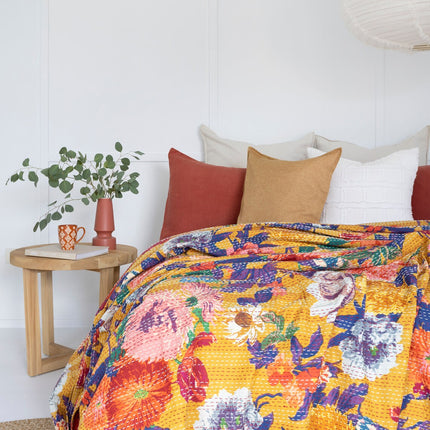 Kantha Quilt Indian Quilt Block Print Quilt Bedspread Bohemian Boho Cotton Throw Quilt Handmade Blanket Doona King Size