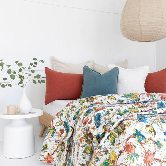 Kantha Quilt Indian Quilt Block Print Quilt Bedspread Bohemian Boho Cotton Throw Quilt Handmade Blanket Doona King Size