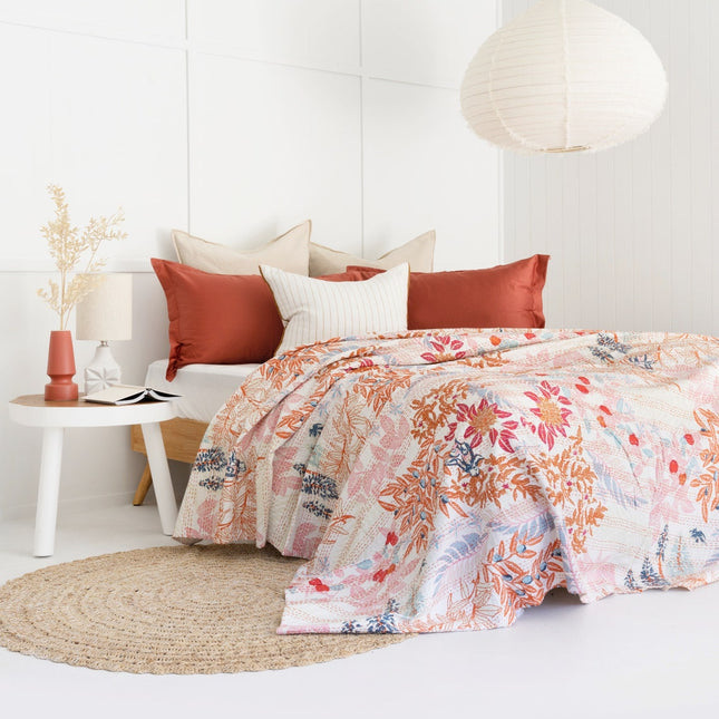 Kantha Quilt Indian Quilt Block Print Quilt Bedspread Bohemian Boho Cotton Throw Quilt Handmade Blanket Doona King Size