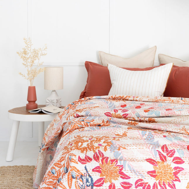 Kantha Quilt Indian Quilt Block Print Quilt Bedspread Bohemian Boho Cotton Throw Quilt Handmade Blanket Doona King Size
