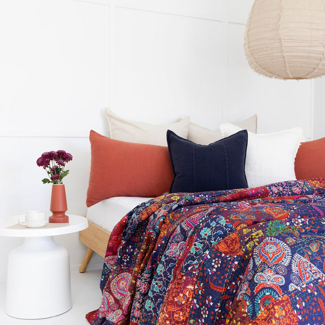Kantha Quilt Indian Quilt Block Print Quilt Bedspread Bohemian Boho Cotton Throw Quilt Handmade Blanket Doona King Size