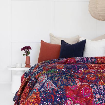 Kantha Quilt Indian Quilt Block Print Quilt Bedspread Bohemian Boho Cotton Throw Quilt Handmade Blanket Doona King Size