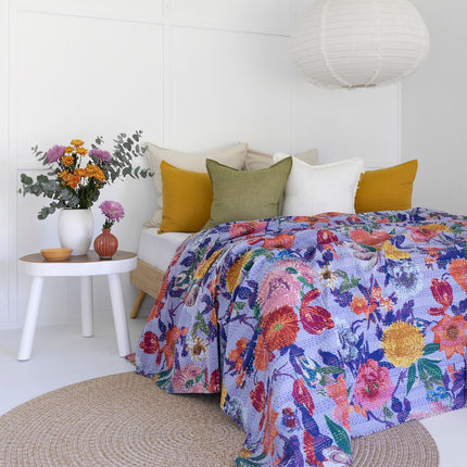 Kantha Quilt Indian Quilt Block Print Quilt Bedspread Bohemian Boho Cotton Throw Quilt Handmade Blanket Doona King Size